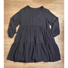 Madewell Double Gauze Tiered Mini Dress Black Cotton Long Sleeve V-Neck Size 4
