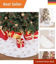 Elegante Weihnachtsbaumdecke 122cm – Weiß mit Gold Schneeflocken aus Kunstpelz