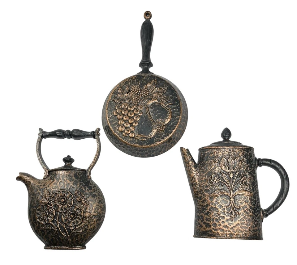 Juego de placas de pared vintage Homco Syroco tetera sartén decoración imitación madera aspecto cobre Foto 3 de 4