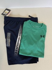 BOYS SIZE YOUTH M GREEN  NAVY UNDER ARMOUR SHORT OUTFIT NEW 2PC.