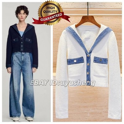 AUTHENTIC Sandro Women Navy Collar Knit Cardigan Jacket With Denim Trim Coat SML