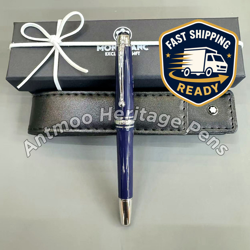 MB Meisterstück 163 Fountain Pen Navy Platinum Trim Montblanc Leather Case Fast