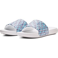 Under Armour 3024434 Mens UA Ansa Graphic Fix Slides, White/Blue Mirage, Size 14