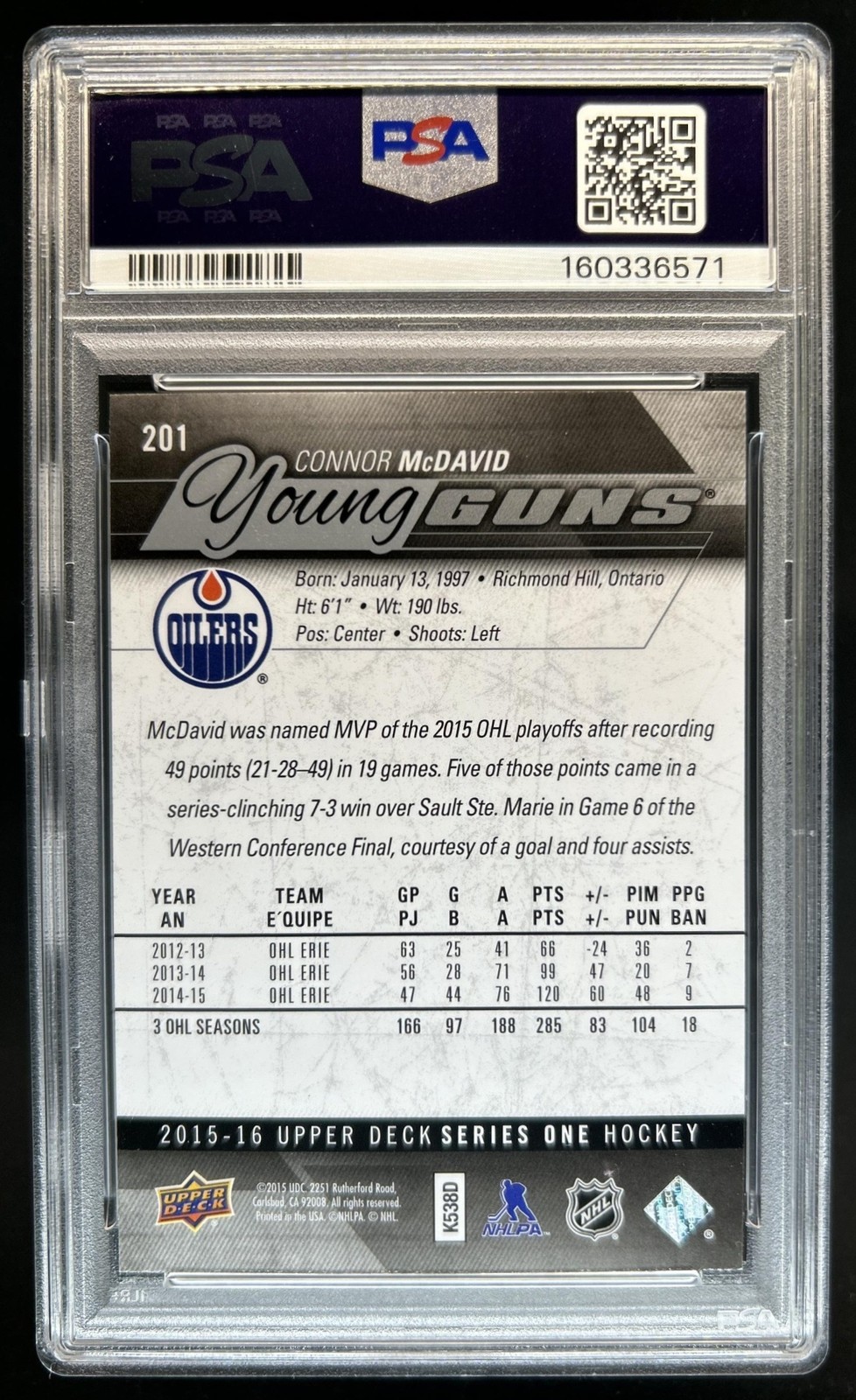 2015-16 Upper Deck Connor McDavid Rookie Young Guns RC #201 Oilers PSA 9 view 2