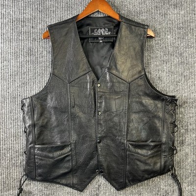 Leather Motorcycle Vest Men s 48 Black Snap Button Leather Gallery Pockets Biker