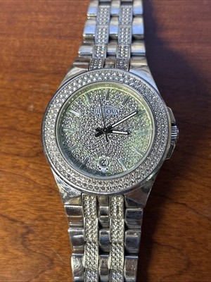 Bulova Mens Quartz Crystal Accents Pave Dial Silver-Tone 42mm Watch 96B235 WORKS