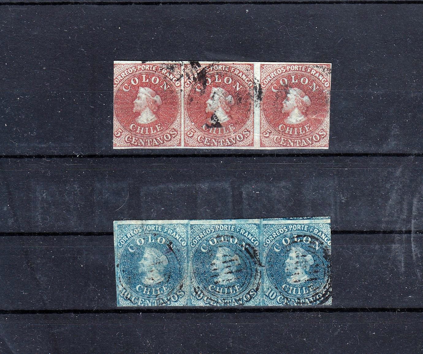 CHILE  1854 (?)  1856 (?)    TWO  STRIPS  OF  3   5c & 10c