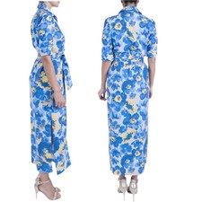 Julia Jordan Blue Yellow Floral Midi Side Slit Shirtdress JJ39990 Womens Size 2