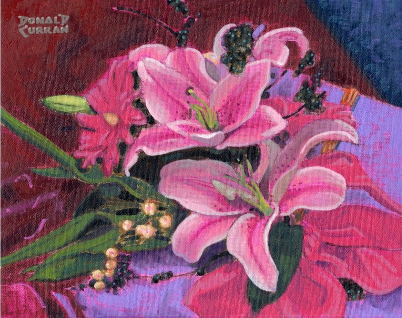ORIGINAL OIL PAINTING, FLOWER ARRANGEMENT BEAUTIFUL LILIES, Listed Artist NR!