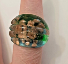 Murano Green Blue Gold Glass Ring Italy Sz 7.75