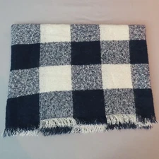 INFINITY SCARF Navy Blue Cream Buffalo Check Fringe Winter Soft Acrylic 25x66"