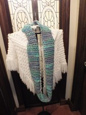 Beautiful New Handmade Crochet Infinity Scarf Teal Blue Plum 64 x7"