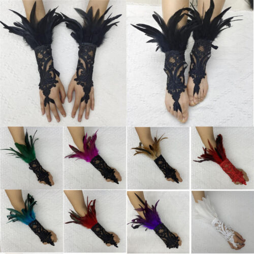Guantes de dedo de gancho guantes de encaje plumas manga larga mitones accesorio de escenario - Imagen 1 de 27