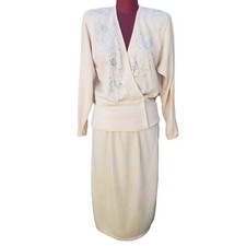 St. John Vintage 80s Sweater Skirt Set 10 Ivory Santana Knit V Neck Rhinestones