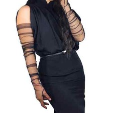 Black Ruched Long Gloves Transparent TECH Tulle Pleated Lace Mesh Wedding Party