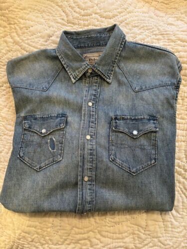Ralph Lauren Polo Sportsman Denim Patchwork Aztec Western Snap Jean Shirt L - Picture 13 of 13