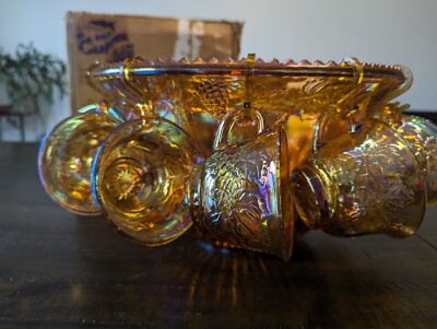 INDIANA GLASS Carnival Iridescent PUNCH BOWL SET Princess 7447