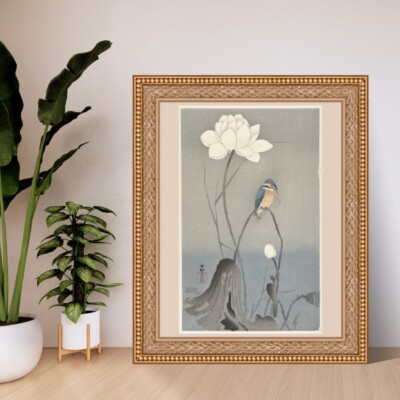 Ohara Koson: Eisvogel mit Lotusblüte. Giclée Museum Luxus Kunst Geschenk Druck
