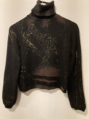 Vintage 90s Fornarina Black Wool Cropped Poloneck Jumper w Brown Paint Flecks M