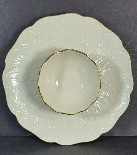 Lenox Chip and Dip Bowl Attached Greenfield Cream Gold Trim 10" Platter