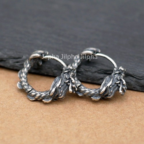 925 Sterling Silver Oriental Dragon Huggie Hoop Earrings Men Women A4622 - Picture 4 of 9