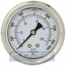 LIQUID FILLED PRESSURE GAUGE 0-1500 PSI, 2.5" FACE, 1/4" BACK MOUNT WOG
