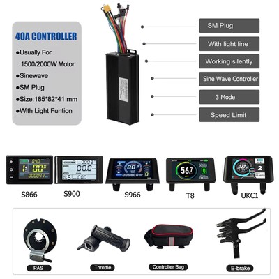 Ebike 36V/48V/52V 40A 3mode Sinewave Controller+LCD Display for1500W/2000W Motor