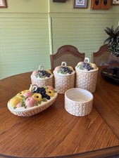 Ceramic Canister Set "Basket Weave" Pattern -Theme Fruit/Daisy VTG 70's -Set