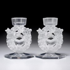 Lalique France Frosted Glass Bird Nest Flower Candlesticks Pair 6.5