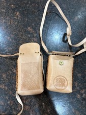 Vintage Hand Tooled Mexican Leather Crossbody Phone Pouch with Aztec Pyramid Des