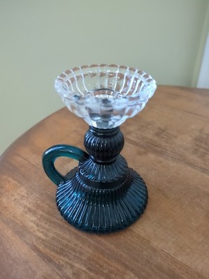 Vintage Glass Candleholder Teal Base And Clear Bobeche Cup Finger Loop Handle