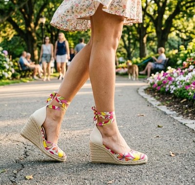 Y2K Funky Floral Ankle Tie Wedge In Pink And Yellow Brand New Size 8