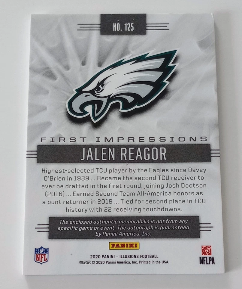 JALEN REAGOR EAGLES PANINI ILLUSIONS FIRST IMPRESSIONS QUAD COLOR PATCH AUTO 99 - Image 2 of 2