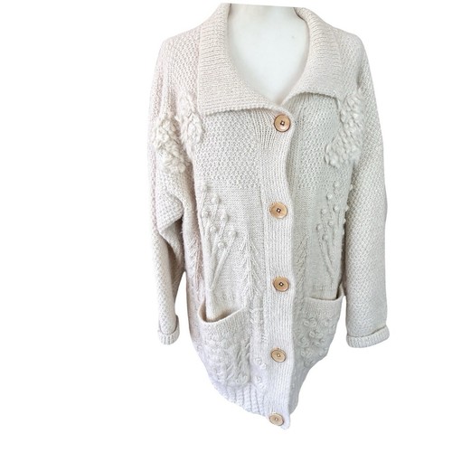 Vintage Eddie Bauer Chunky Knit Cardigan S Cream Oversize 100% Wool Fisherman - Image 1