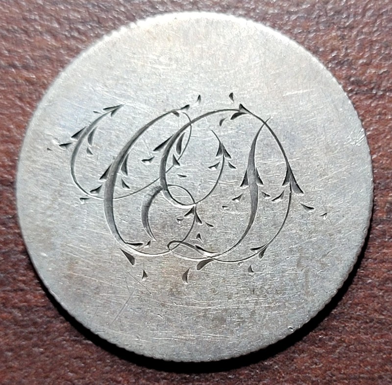 1853 Arrows Seated Liberty Quarter LOVE TOKEN Ornate "C.D." Initials No Framing