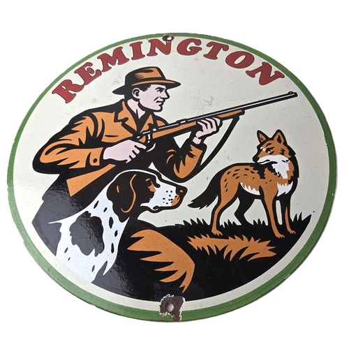 Vintage Remington Firearms Sign - Dogs Hunting Gas Pump Porcelain Dealer Sign