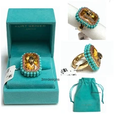 NWT KURT GEIGER LONDON Eagle Head Gold Tone Turquoise Beads/CZ Crystal Ring-Sz.8