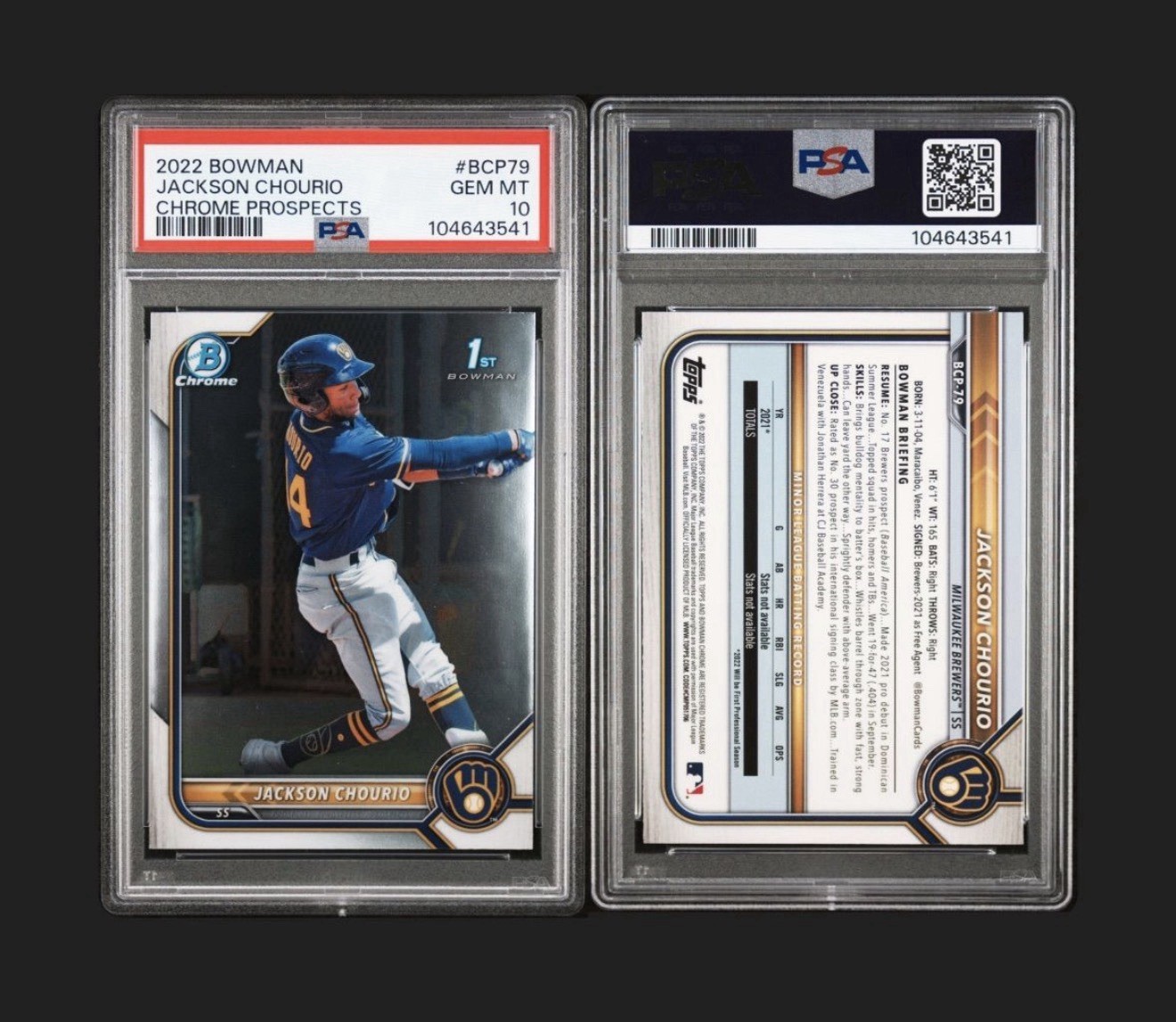 Bowman 2022 Chrome Prospects Jackson Chourio #BCP-79 1st Bowman Brewers PSA 10