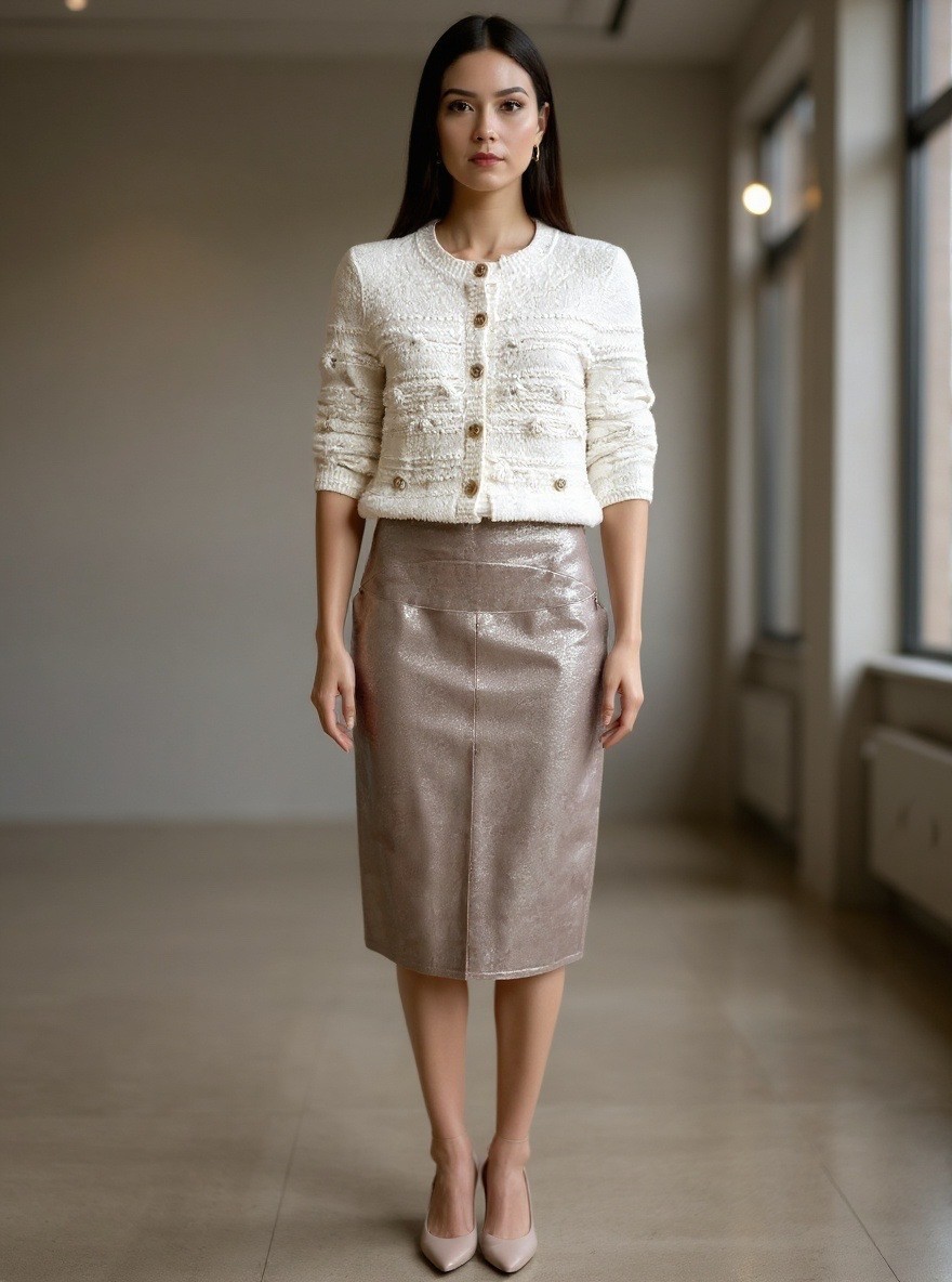 CHANEL Silver Metallic Knee Length Leather Skirt Size 48