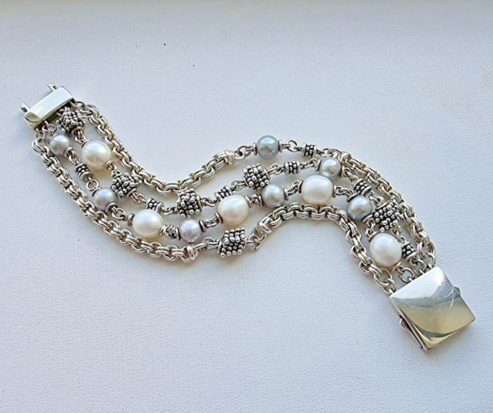 MICHAEL DAWKINS 925 STERLING SILVER WHITE AND GRAY PEARL 4 CHAIN BRACELET 72.9 g - Image 3 of 4