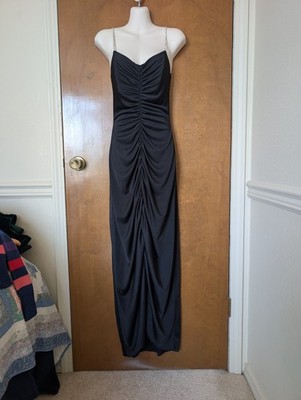 Vtg 80s Climax Karen Okada Sz XS S Black Rouched Rhinestone Strap Maxi Dress