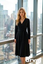 Tommy Hilfiger Black Long Sleeve V-Neck Wrap Midi Dress