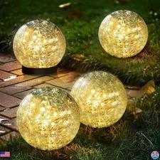 Solar Garden Lights - 4 Pack Waterproof Cracked Glass Ball Fixtures, 4.7" Globes