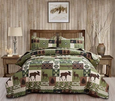 Rustic Lodge Quilt Set Moose Elk Bedspread Full/Queen Size Forest Bear Deer Quil