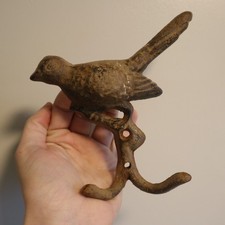 Cast Iron Bird Double Wall Hook Rustic Key Towel Coat Hanger Antique Brown Look