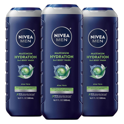 NIVEA MEN Maximum Hydration Body Wash for Dry Skin, Aloe Vera Enriched, 3-In-1 M