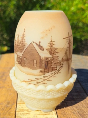 RARE Fenton Custard Fairy Lamp “Down by the Station” Signed by Sue Jackson