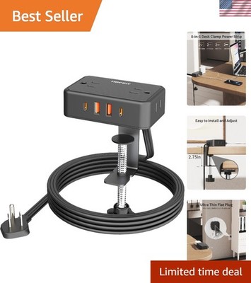 Ultra-Thin Desk Clamp Power Strip with 4 AC Ports & 10Ft cord - Flexible Use