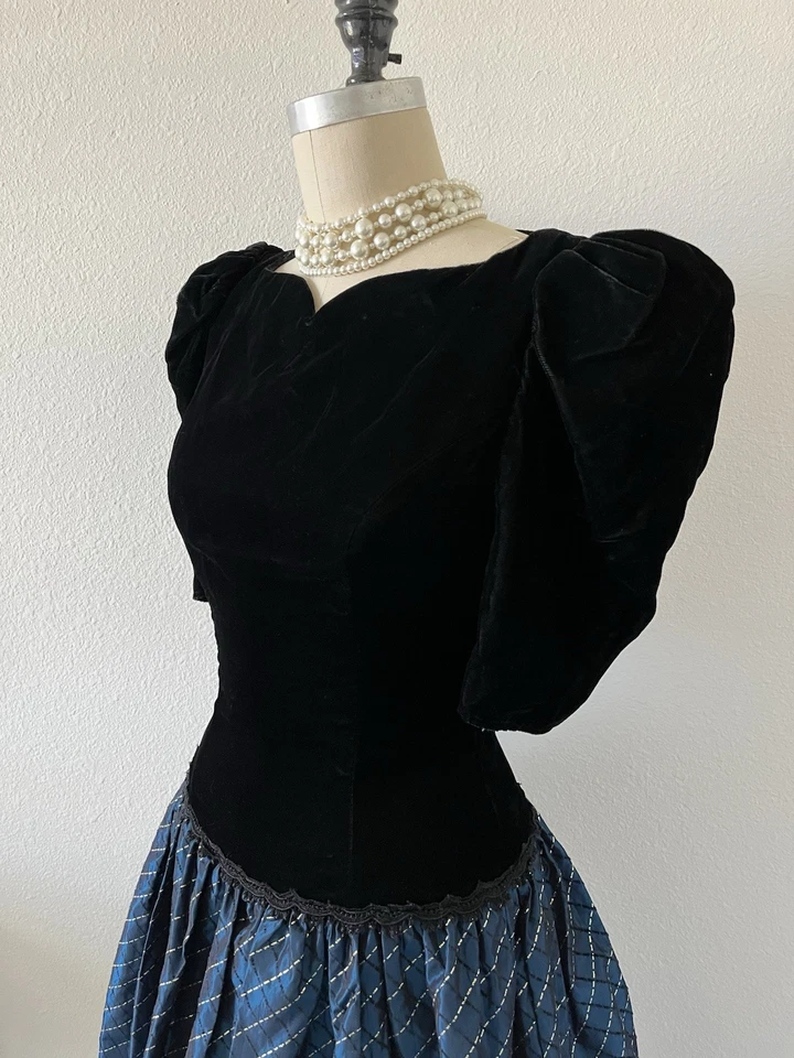 Vestido De Colección Años 80 Scott McClintock Negro Terciopelo y Azul Tafetán Cuadros Cóctel Fiesta Foto 4 de 4
