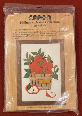 VINTAGE Crafts 1974 Caron Hallmark Design Bucket Of Apples Crewel Kit New Sewing